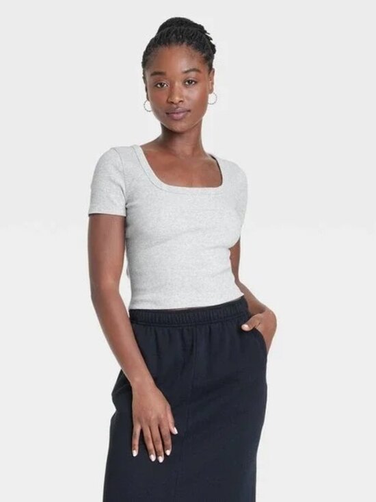 Universal Thread Tops - Universal Thread Heather Grey Ribbed Scoop Neck T-Shirt (XXL)
